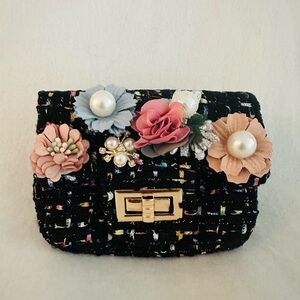 Black Tweed Floral Accent Crossbody Bag